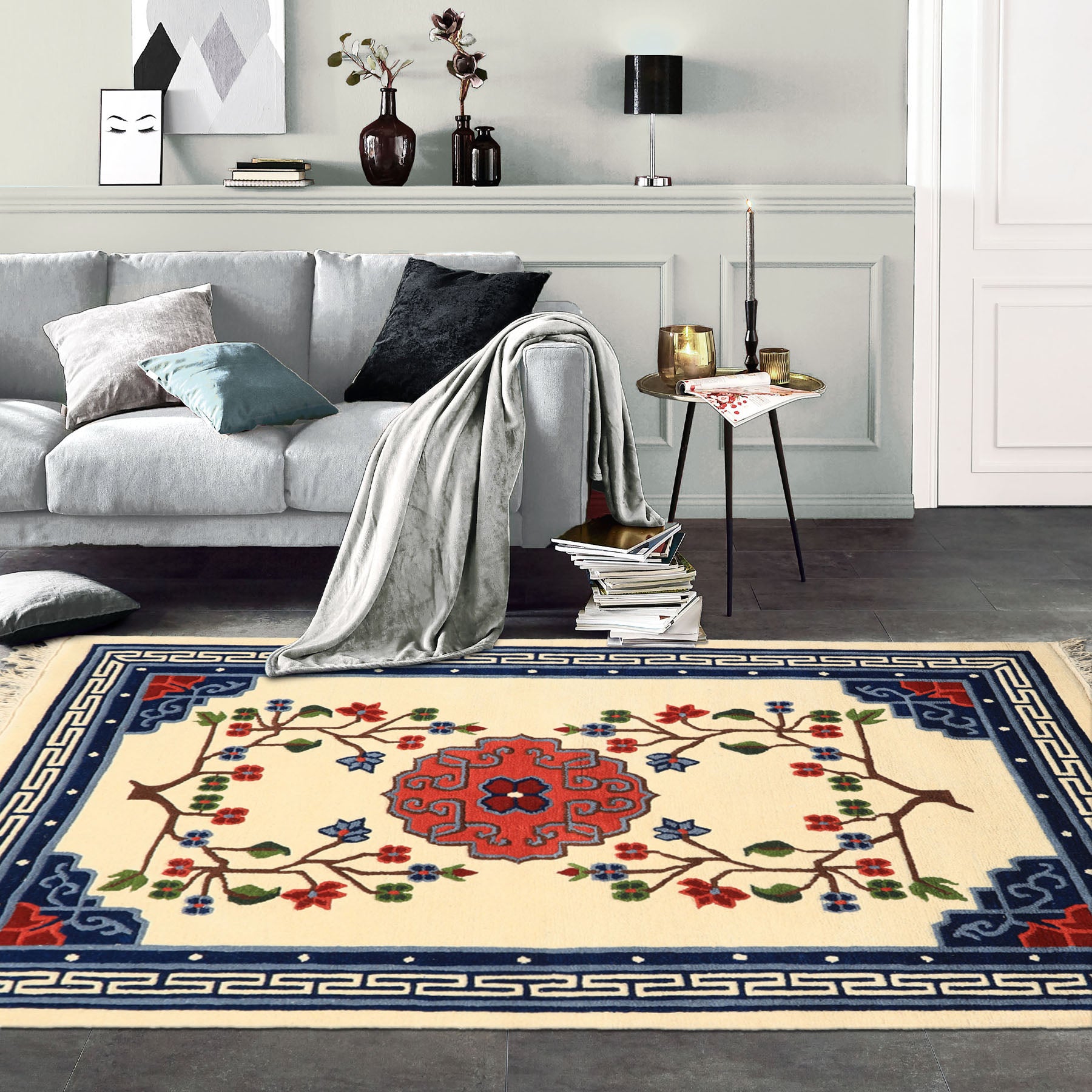 4x6 Ivory, Navy, Green Color Hand Knotted Tibetan Art Deco Wool Traditional Oriental Rug