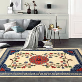 4x6 Ivory, Navy, Green Color Hand Knotted Tibetan Art Deco Wool Traditional Oriental Rug