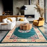 4x6 Emerald, Ivory, Pink Color Hand Knotted Chinese Art Deco Wool Traditional Oriental Rug