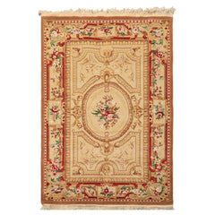 4x6 Beige, Brown, Rose Color Hand Knotted French Aubusson Savonnerie Wool Traditional Oriental Rug