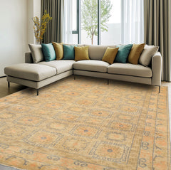 6x9 Beige, Peach, Slate Color Hand Knotted Oushak Wool Transitional Oriental Rug