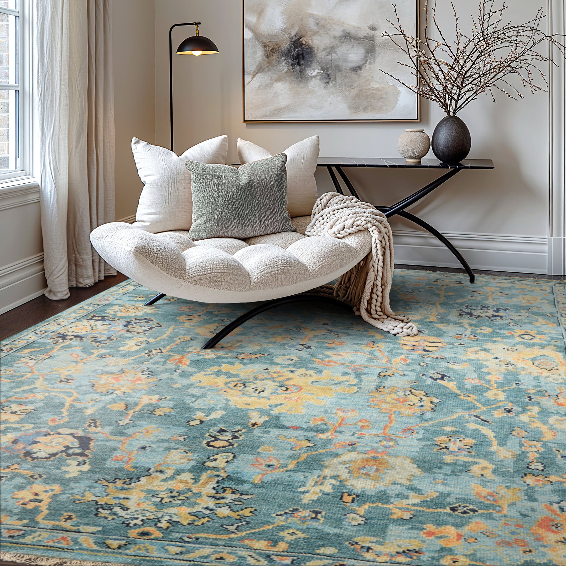 6x9 Teal, Gold, Burnt Orange Color Hand Knotted Oushak Wool Traditional Oriental Rug