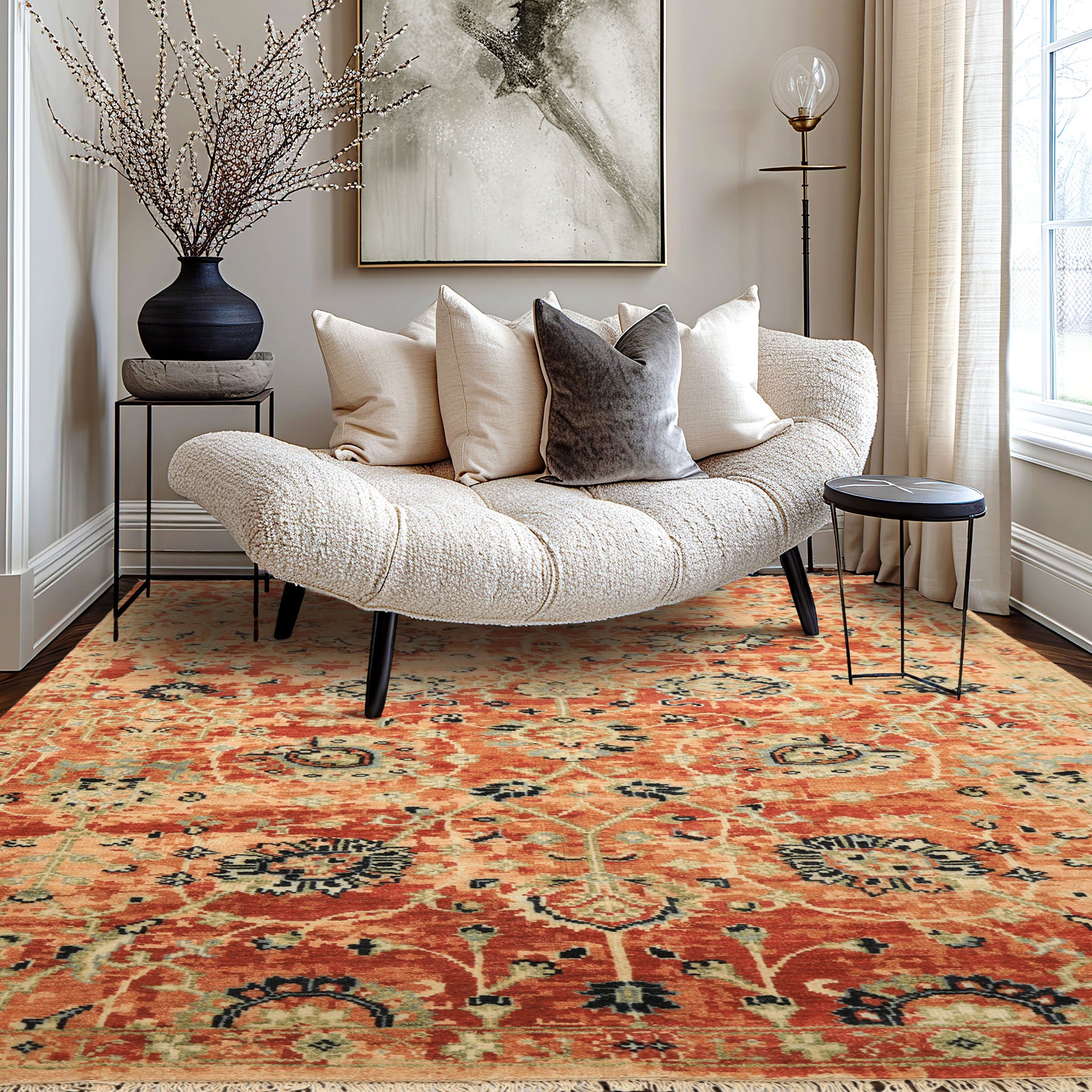 6x9 Burnt Orange, Blush, Aqua Color Hand Knotted Oushak Wool Arts & Crafts Oriental Rug