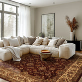 Square Maroon, Ivory, Moss Color Hand Knotted Agra Wool Traditional Oriental Rug