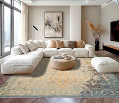 8x10 Taupe, Beige, Blue Color Hand Knotted Oushak Wool Transitional Oriental Rug