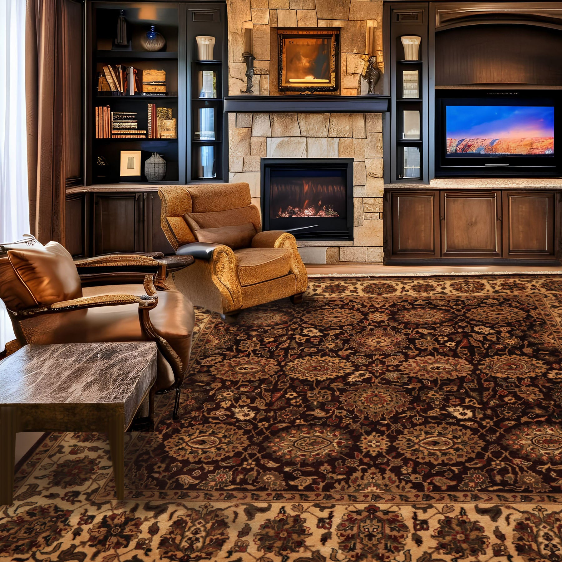 Square Chocolate, Ivory, Tan Color Hand Knotted Agra New Zealand Wool Traditional Oriental Rug