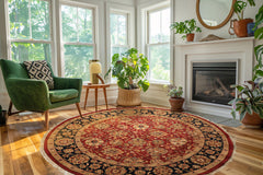 Round Red, Midnight Blue, Aqua Color Hand Knotted Agra Wool Traditional Oriental Rug