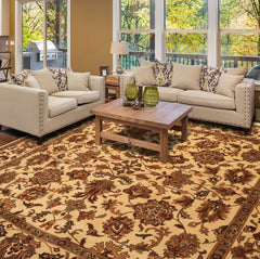 Square Ivory, Moss, Caramel Color Hand Knotted Agra Wool Traditional Oriental Rug