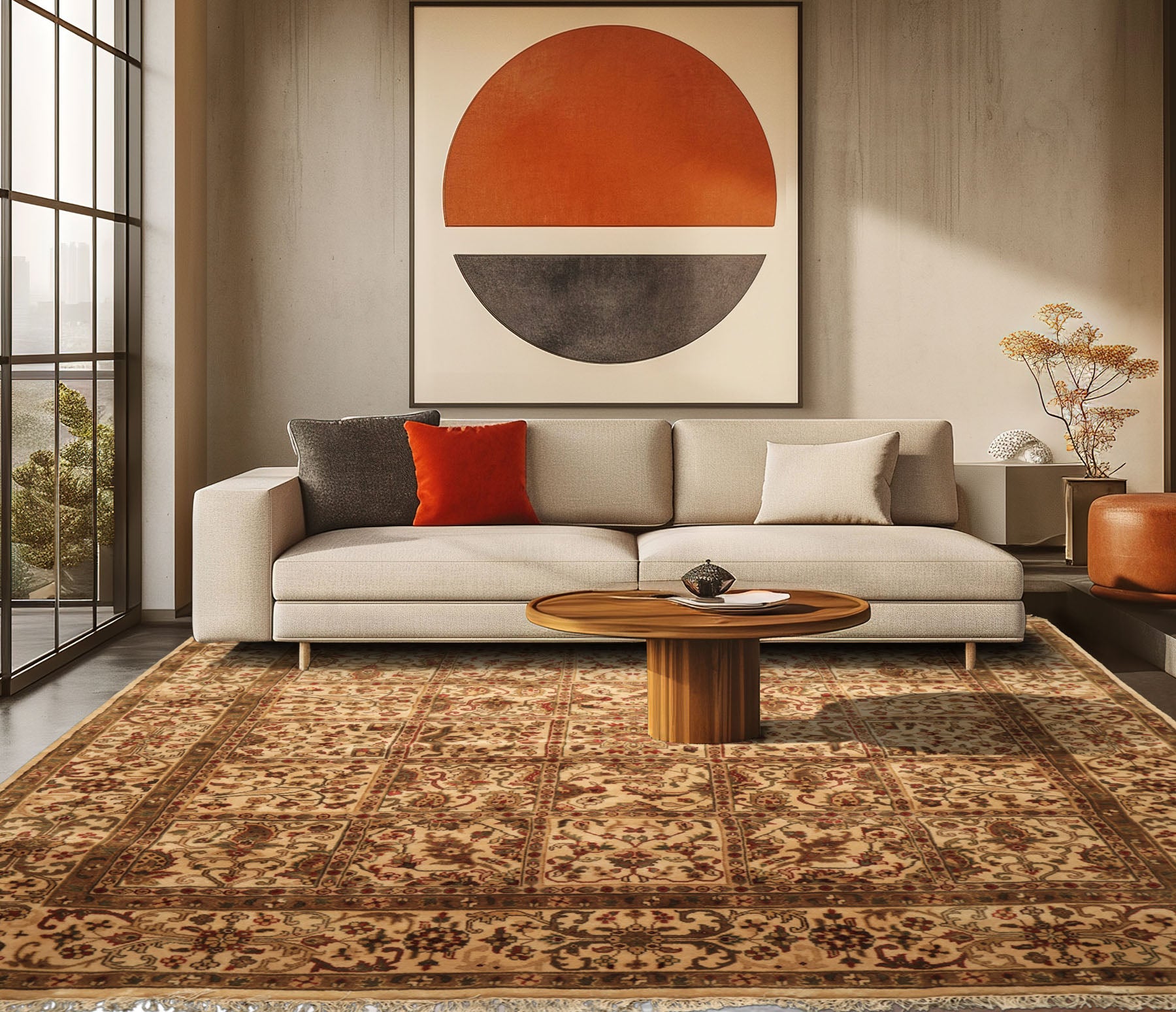 Square Ivory, Sage, Rust Color Hand Knotted Agra Wool Traditional Oriental Rug