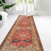 Runner Coral, Moss, Navy Color Hand Knotted Kazak Wool Traditional Oriental Rug
