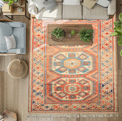 6x9 Burnt Orange, Ivory, Blue Color Hand Knotted Caucasian Kazak Wool Traditional Oriental Rug