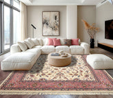 8x10 Ivory, Dusty Rose, Sage Color Hand Knotted Indo Kashan Wool Traditional Oriental Rug