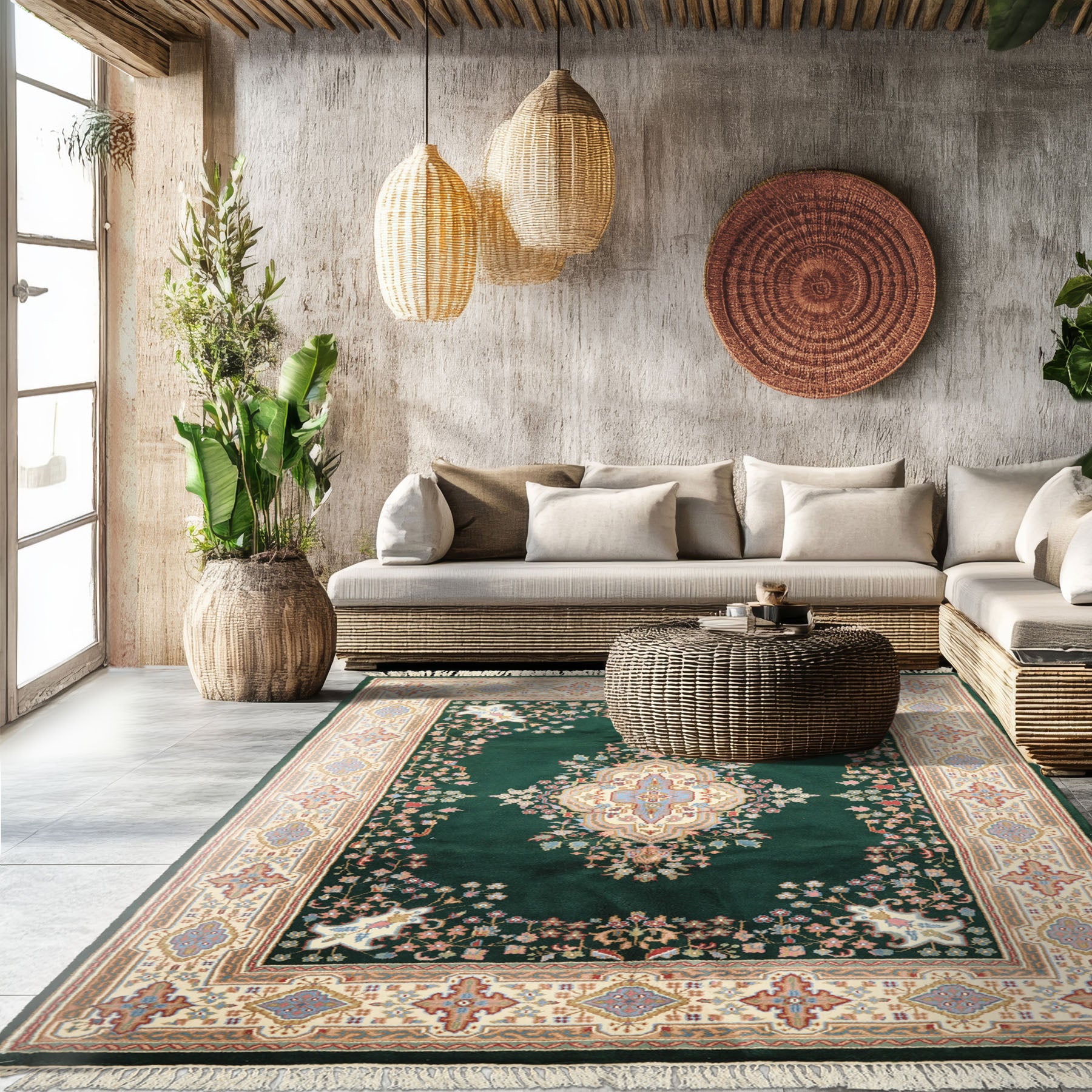 6x9 Green, Ivory, Rose Color Hand Knotted Indo Kerman Wool Traditional Oriental Rug