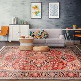 6x9 Red, Aqua, Blush Color Hand Knotted Indo Heriz Wool Traditional Oriental Rug