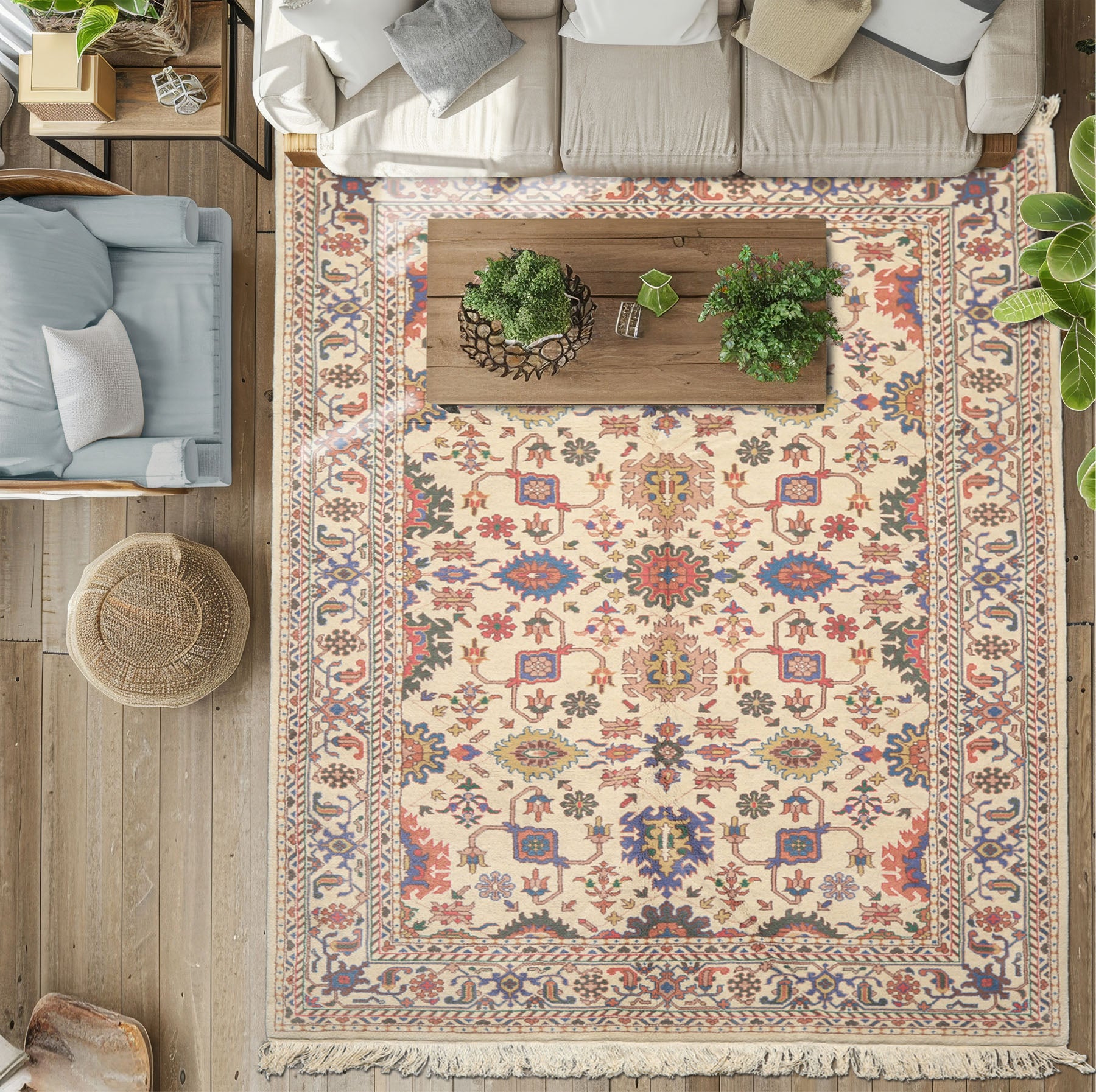 5x8 Ivory, Aqua, Lime Color Hand Knotted Oushak Wool Arts & Crafts Oriental Rug