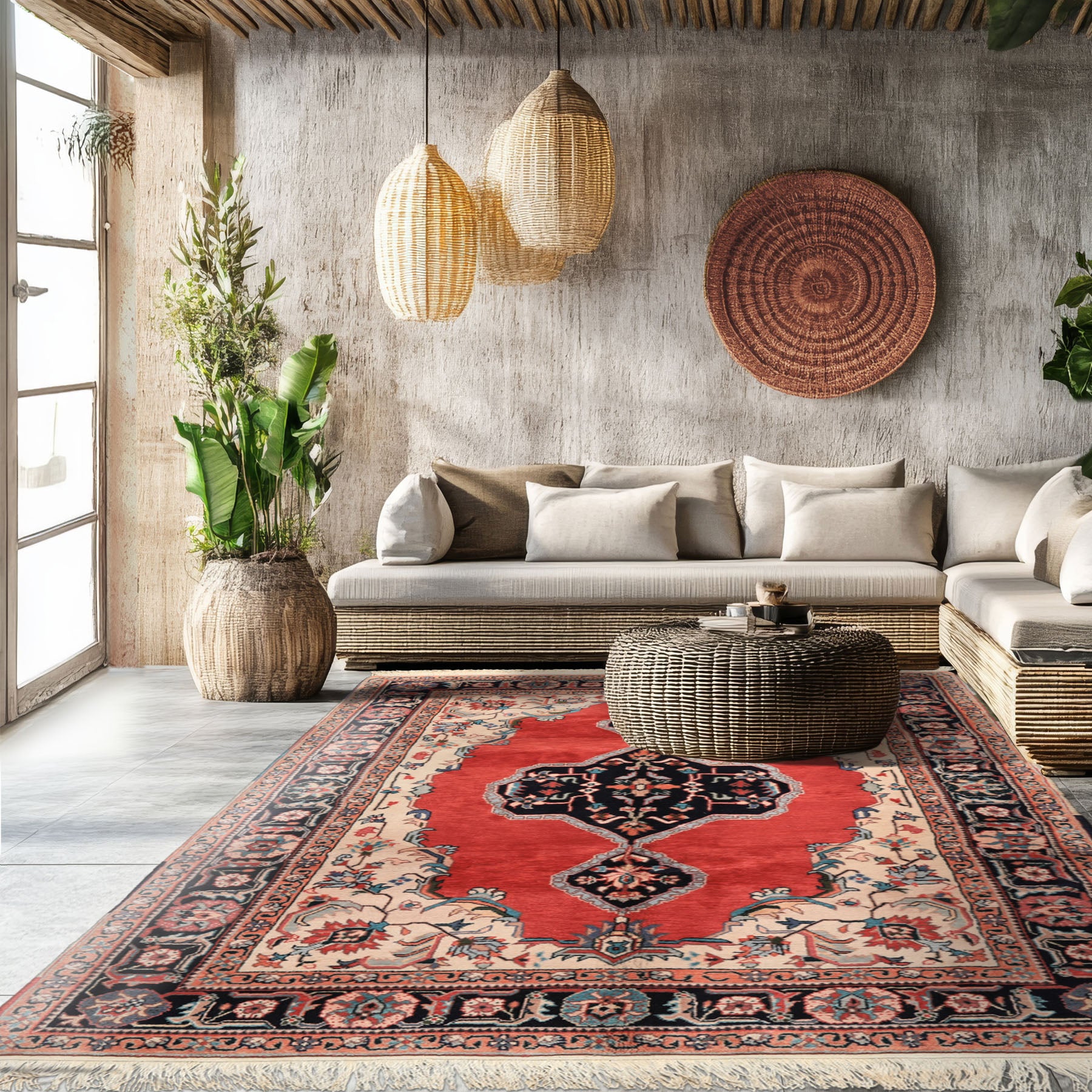 6x9 Ruby Red, Beige, Aqua Color Hand Knotted Indo Tabriz Wool Traditional Oriental Rug