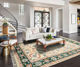 6x9 Ivory, Green, Peach Color Hand Knotted Indo Heriz Wool Traditional Oriental Rug