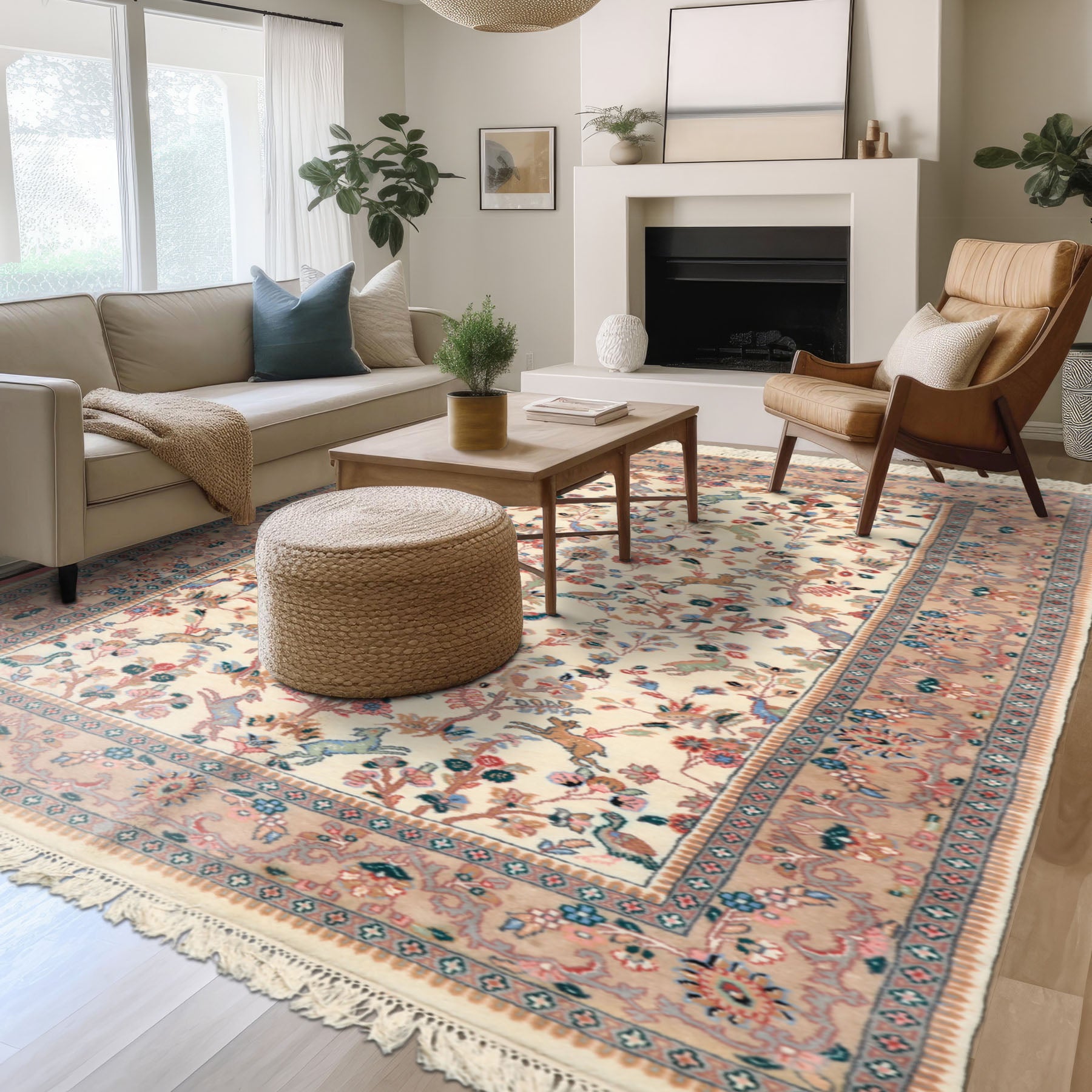 6x9 Ivory, Peach, Gray Color Hand Knotted Indo Persian Wool Traditional Oriental Rug