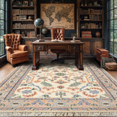 6x9 Ivory, Peach, Blue Color Hand Knotted Indo Persian Wool Traditional Oriental Rug