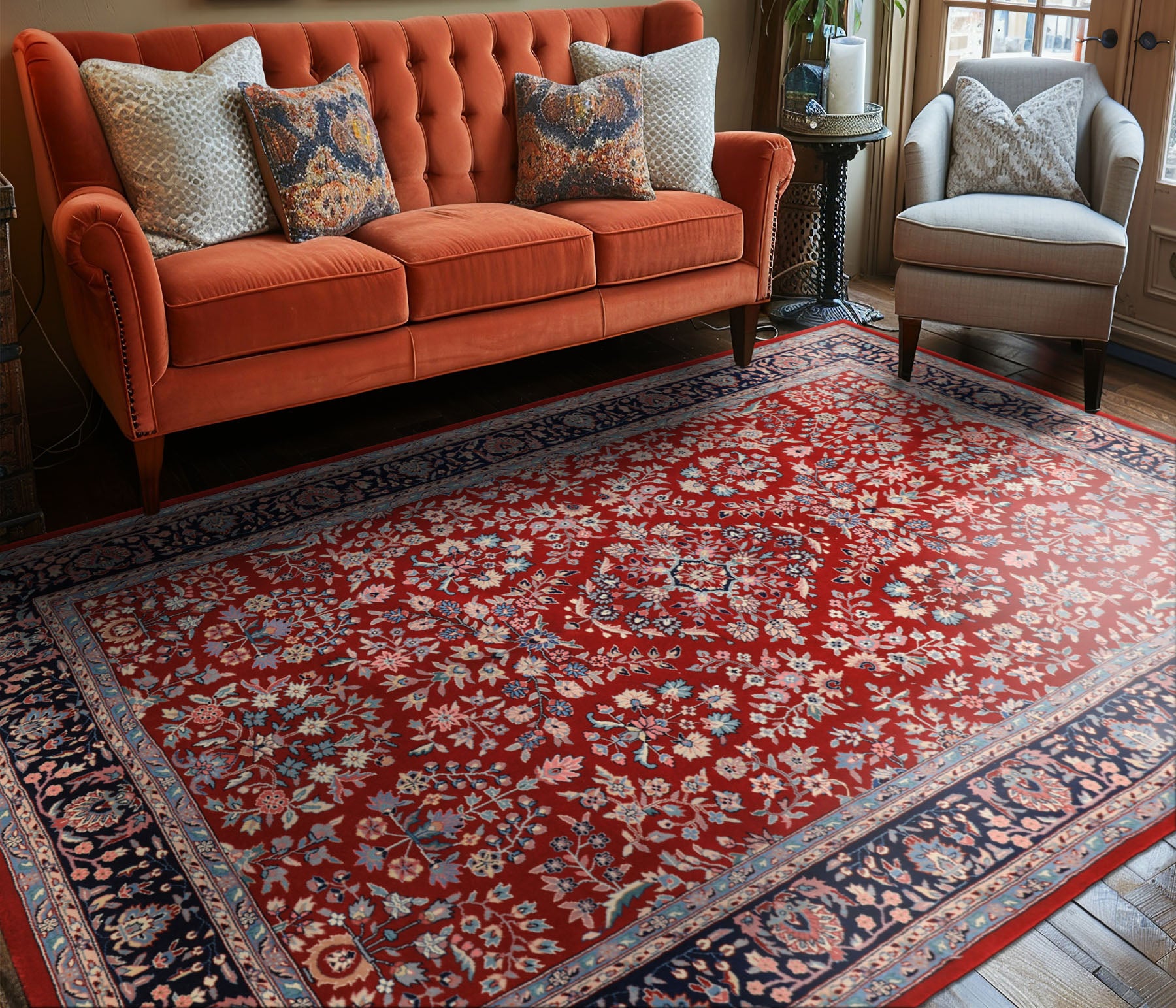 6x9 Red, Navy, Ivory Color Hand Knotted Indo Kashan New Zealand Wool Traditional Oriental Rug