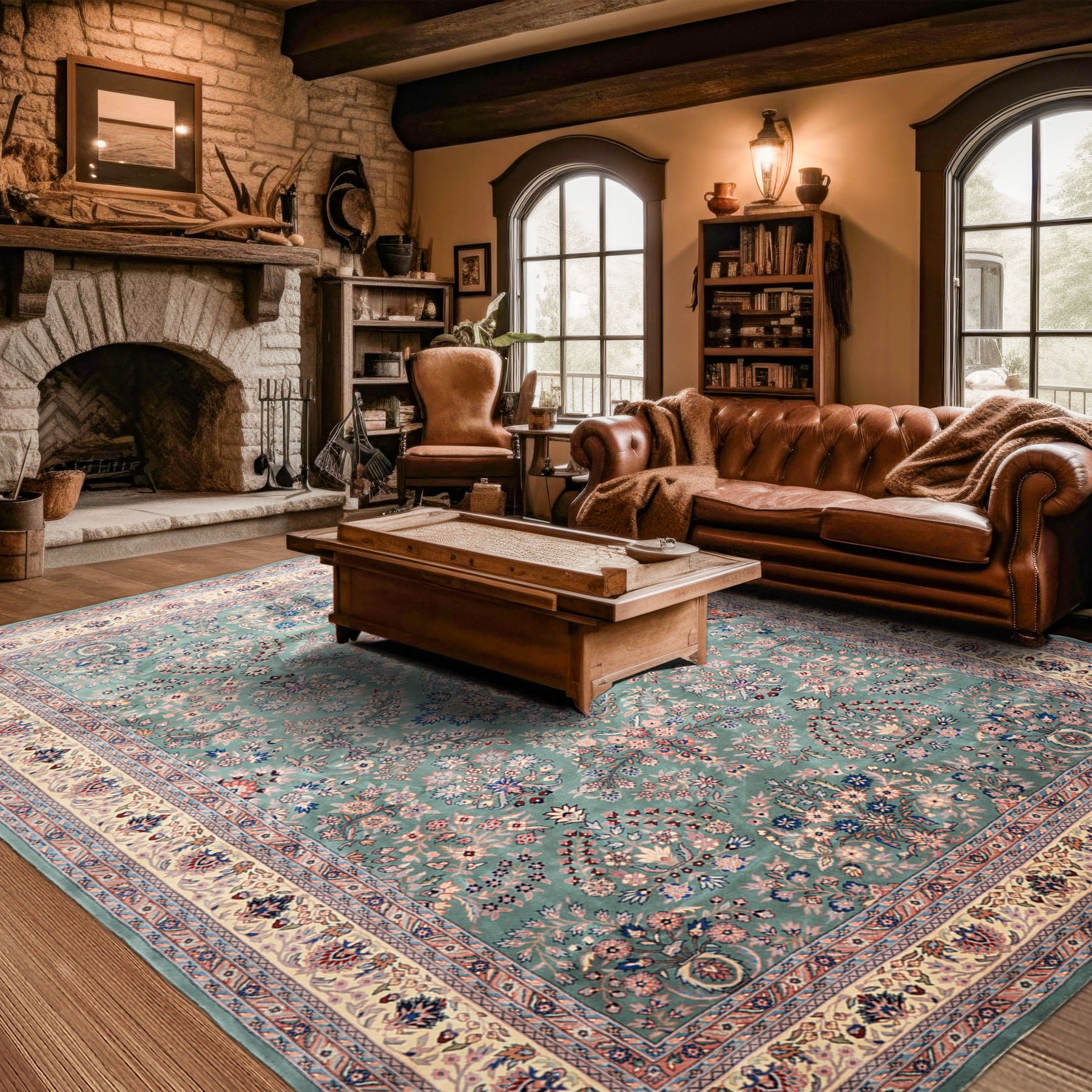 9x12 Turquoise, Ivory, Navy Color Hand Knotted Sarouk Wool Traditional Oriental Rug