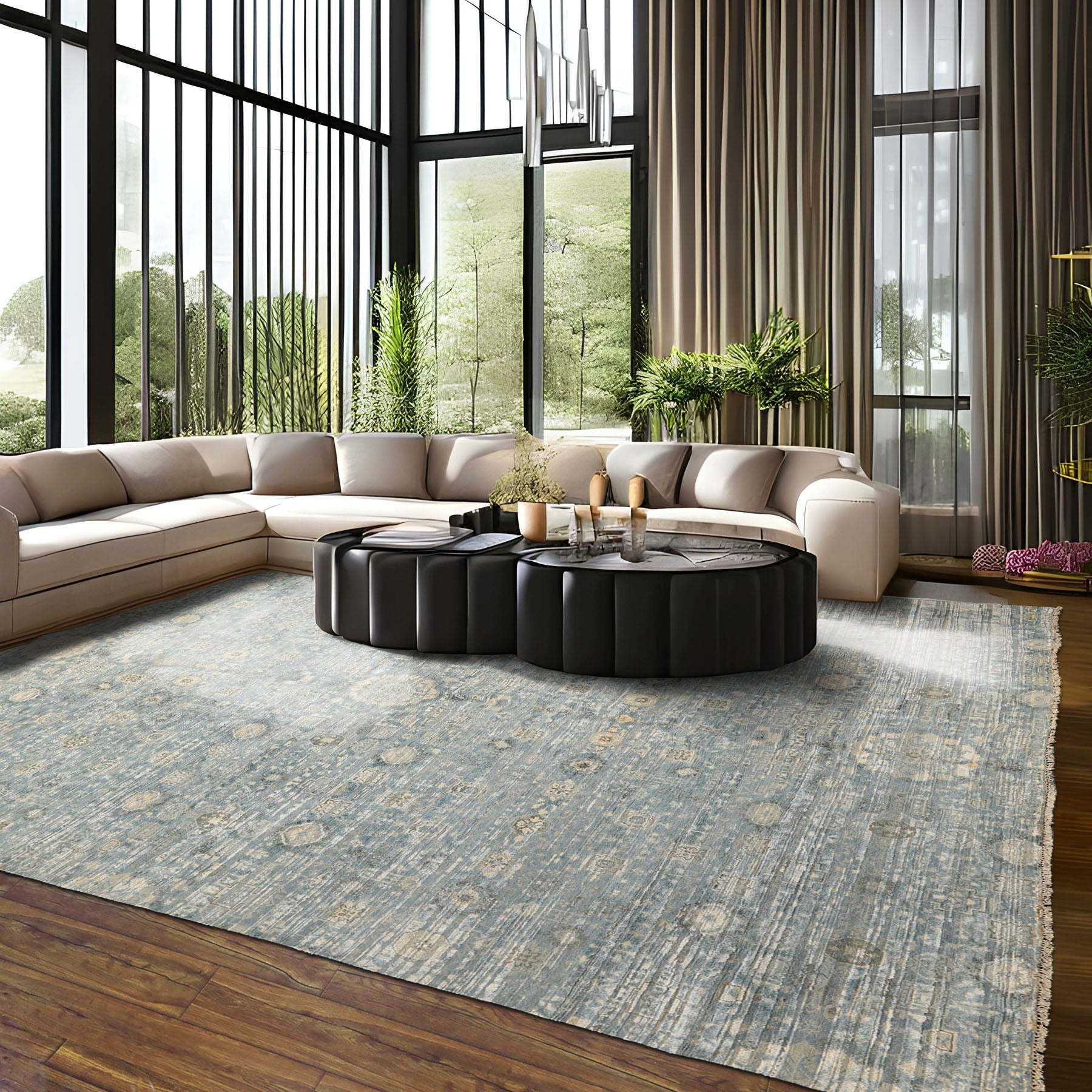 9x12 Aqua, Ivory, Beige Color Hand Knotted Tibetan Wool & Silk Modern & Contemporary Oriental Rug