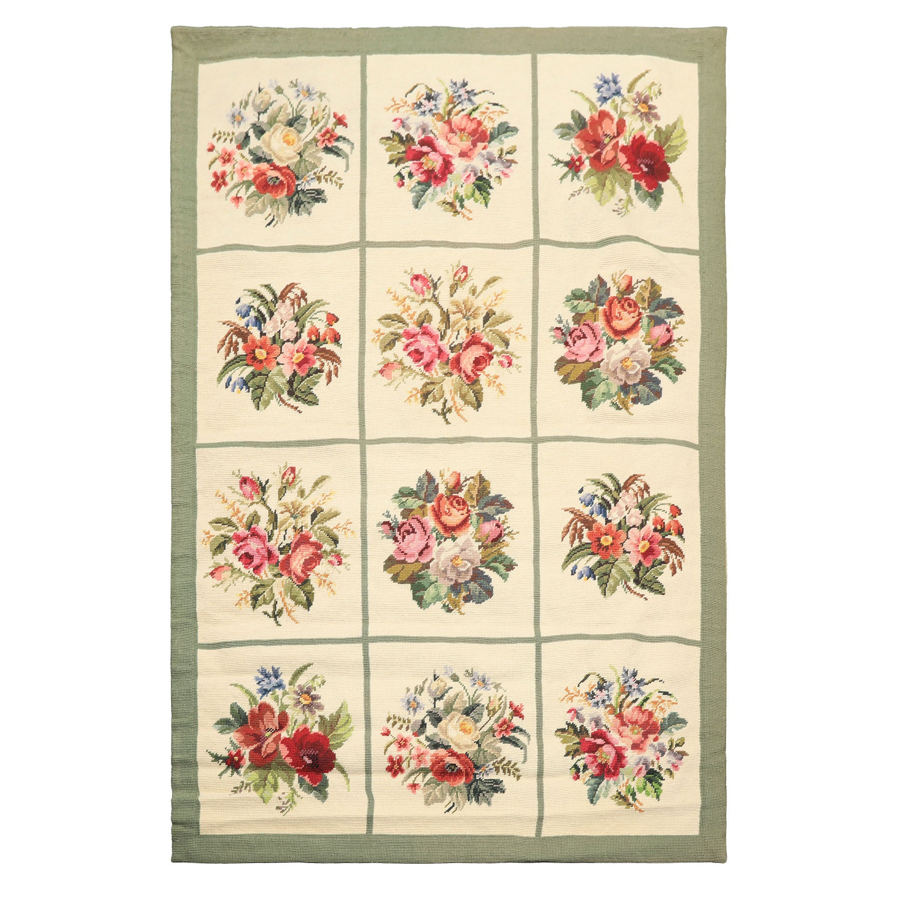 4x6 Ivory, Sage, Red Color Hand Woven Portugese Needlepoint Wool Traditional Oriental Rug