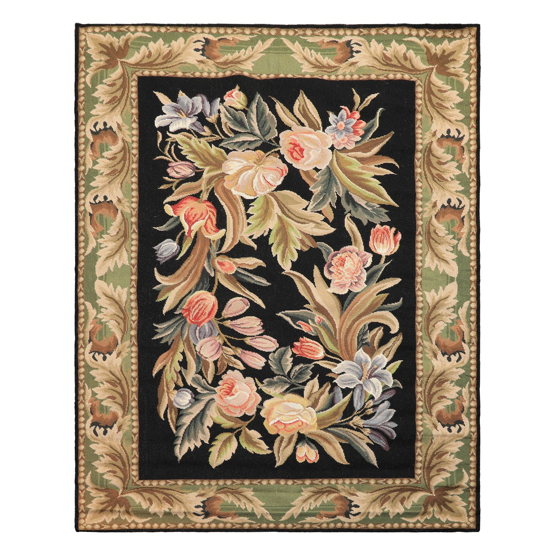 4x6 Black, Sage, Lavender Color Hand Woven French Needlepoint Wool Traditional Oriental Rug