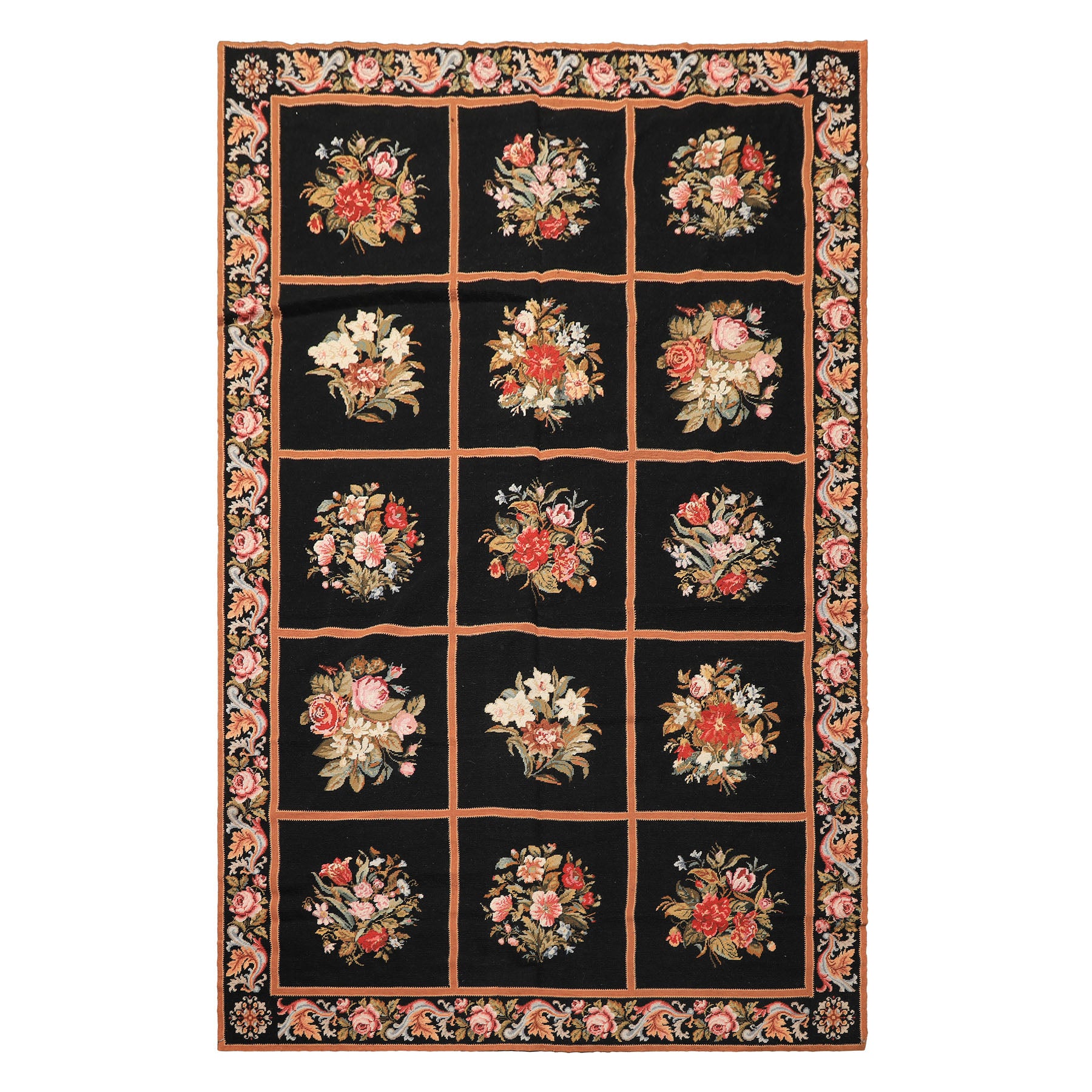 5x8 Black, Brown, Coral Color Hand Woven French Needlepoint Wool Traditional Oriental Rug