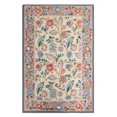 4x6 Ivory, Blush, Blue Color Hand Knotted French Needlepoint Aubusson Wool Traditional Oriental Rug