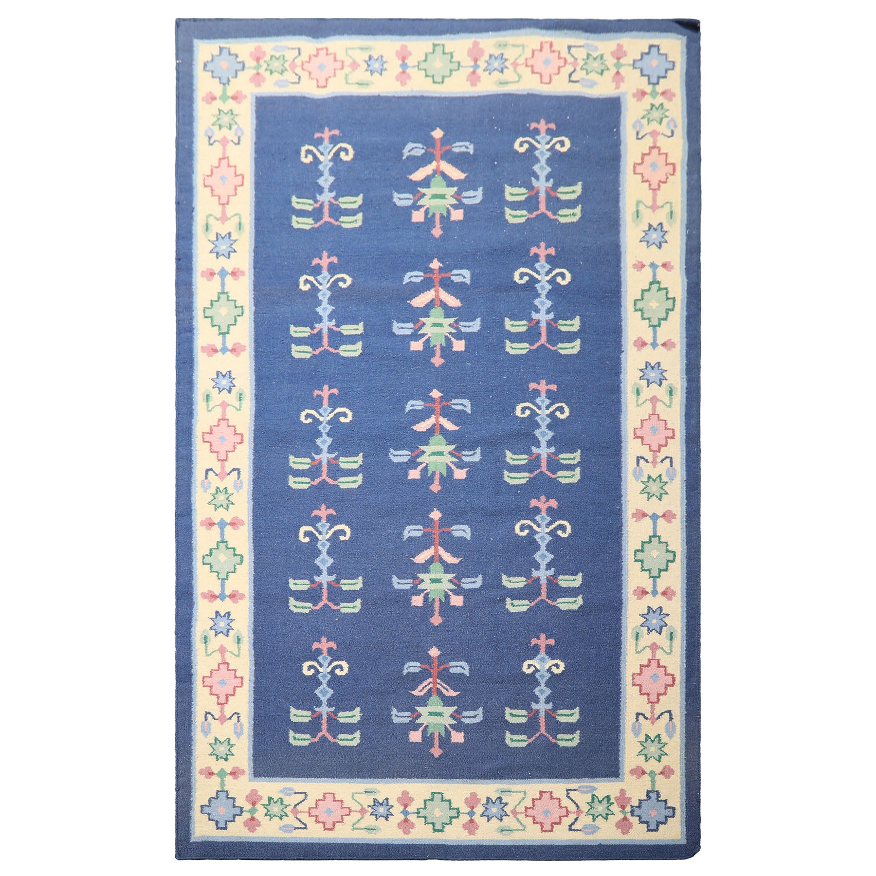 5x8 Blue, Ivory, Blush Color Hand Woven Dhurry Kilim Wool Transitional Oriental Rug