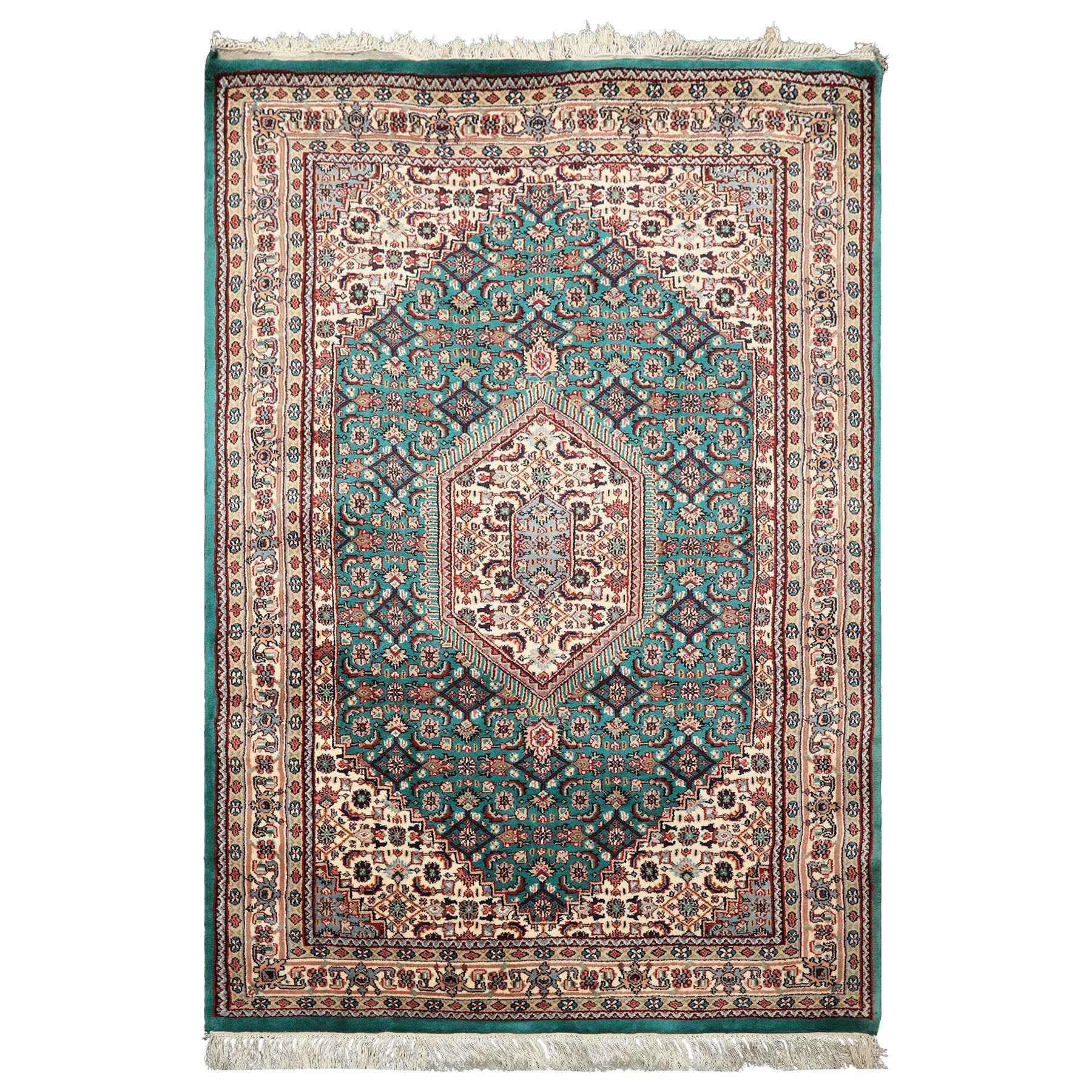 4x6 Green, Ivory, Rust Color Hand Knotted Indo Tabriz Wool Traditional Oriental Rug