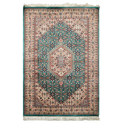 4x6 Green, Ivory, Rust Color Hand Knotted Indo Tabriz Wool Traditional Oriental Rug
