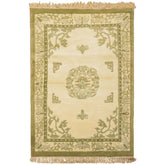 4x6 Ivory, Olive, Green Color Hand Knotted Indo-Tibetan Wool Art Deco Oriental Rug