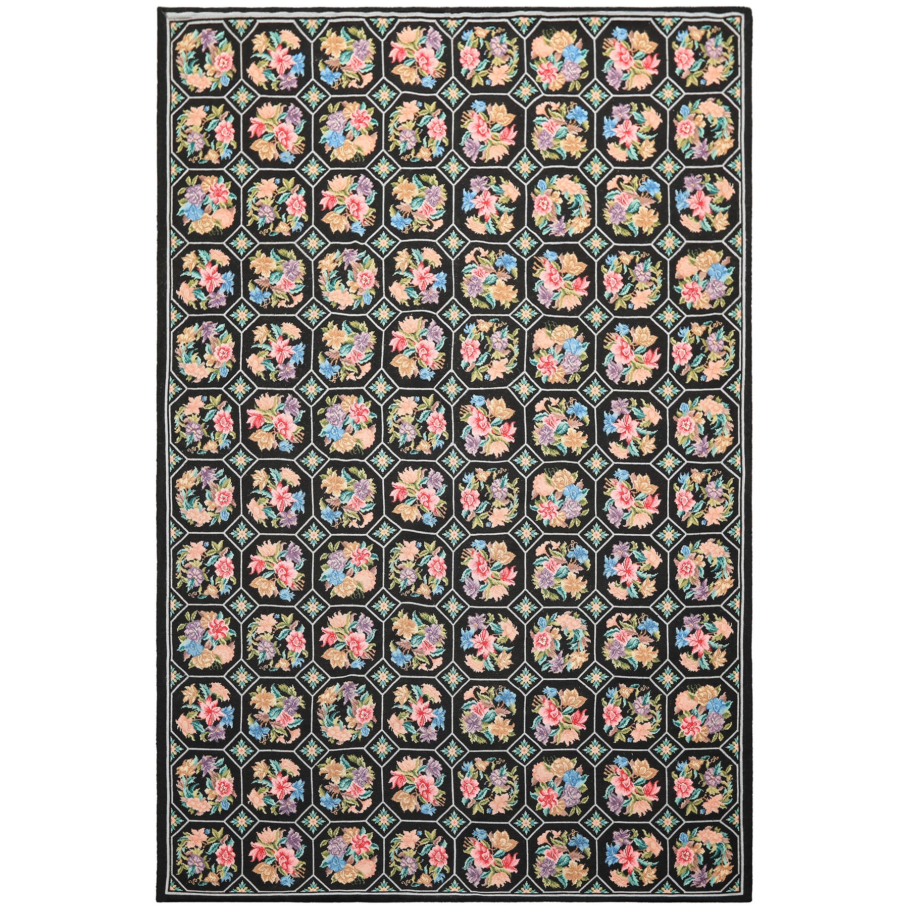 5x8 Black, Pink, Blue Color Hand Woven French Savonerrie Needlepoint Wool Traditional Oriental Rug