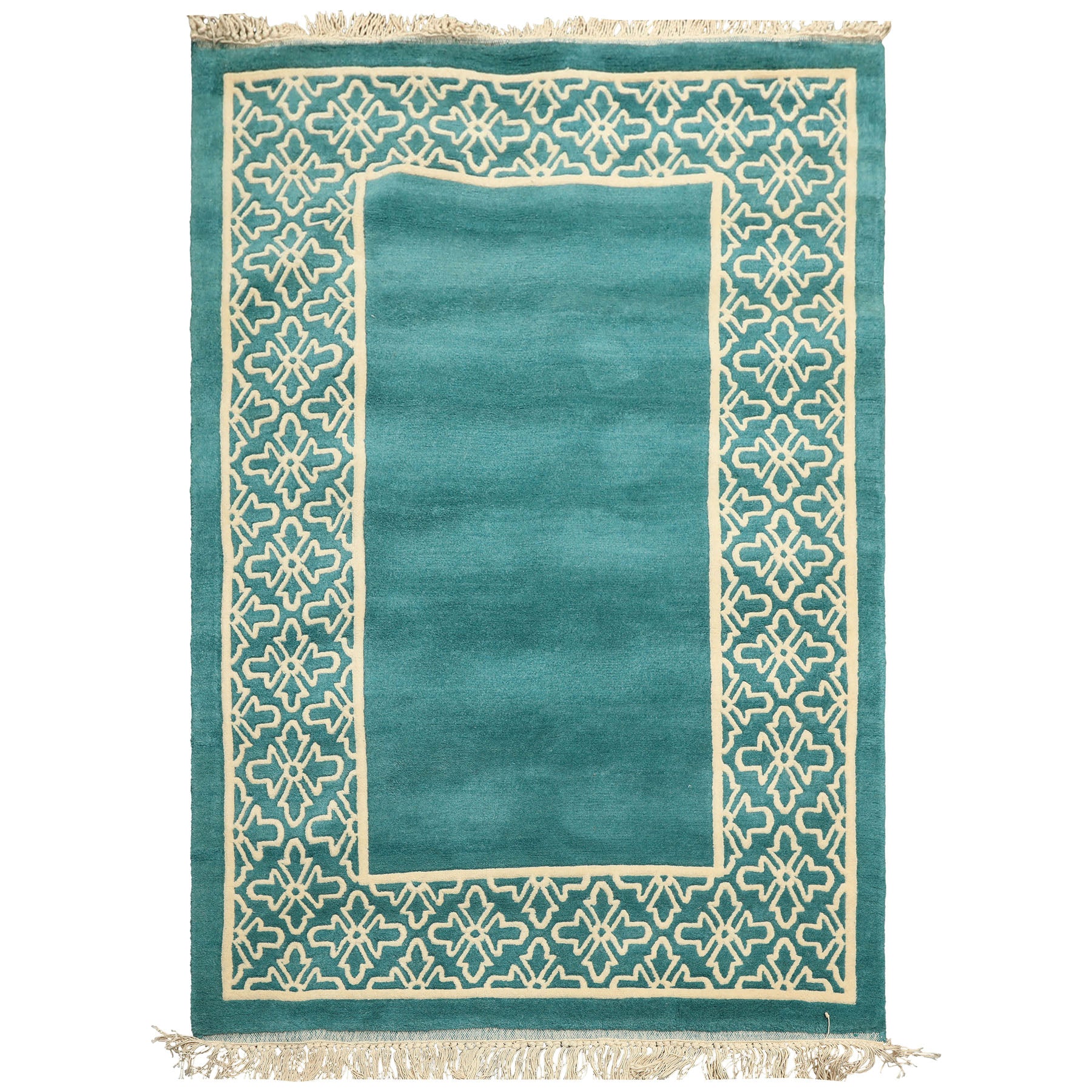 4x6 Turquoise, Ivory, Color Hand Knotted Indo Tibetan Wool Transitional Oriental Rug
