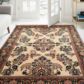 4x6 Ivory, Green, Rose Color Hand Knotted Indo Sarouk New Zealand Wool Traditional Oriental Rug