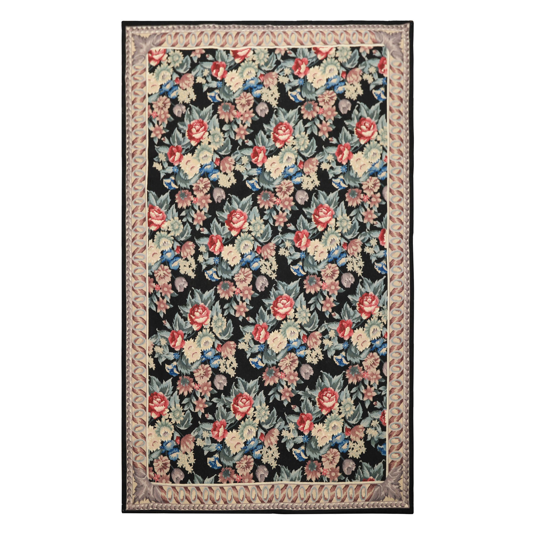 6x9 Black, Ivory, Rose Color Hand Woven French Aubusson Needlepoint Wool Traditional Oriental Rug