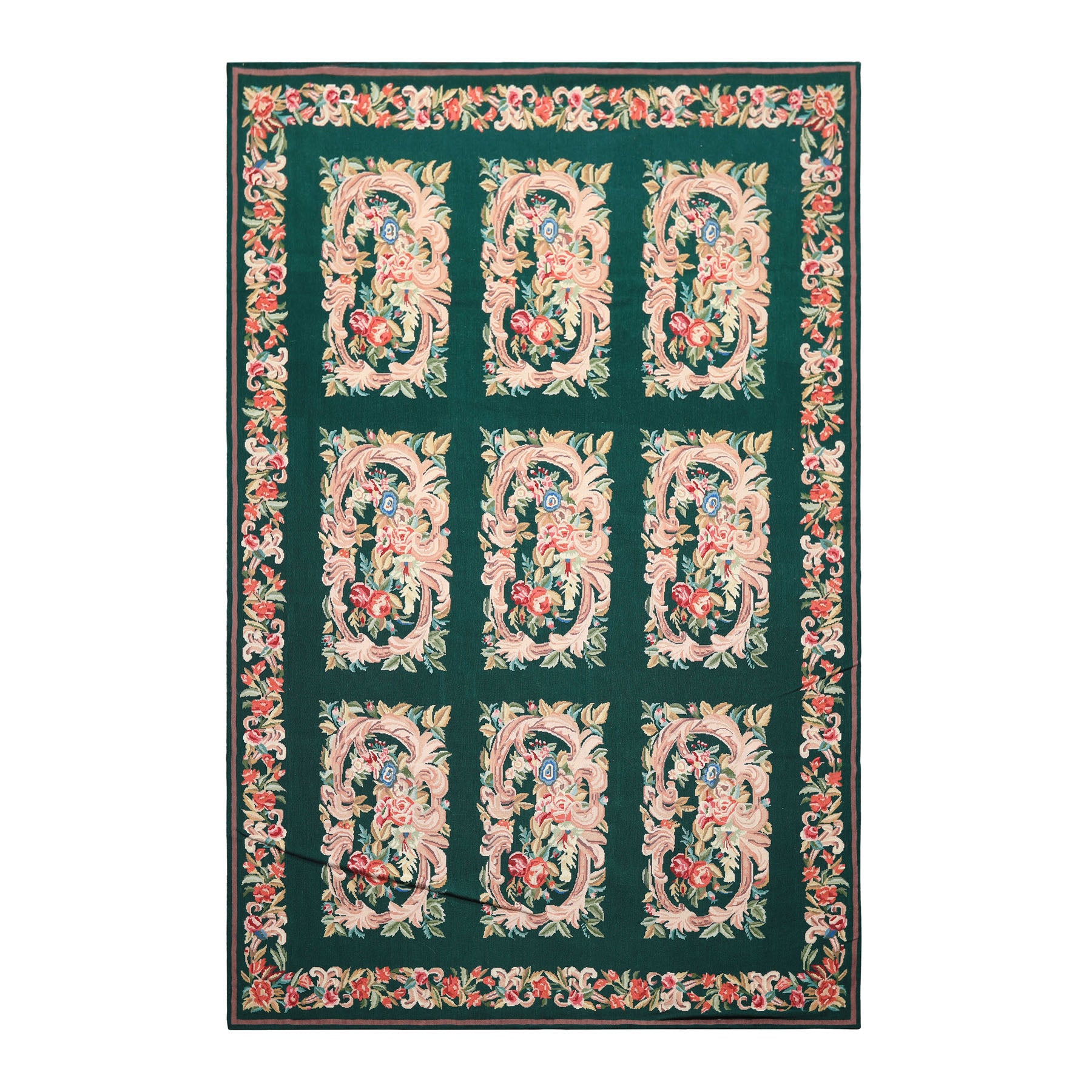 6x9 Emerald, Ivory, Pink Color Hand Woven French Aubusson Needlepoint Wool Traditional Oriental Rug