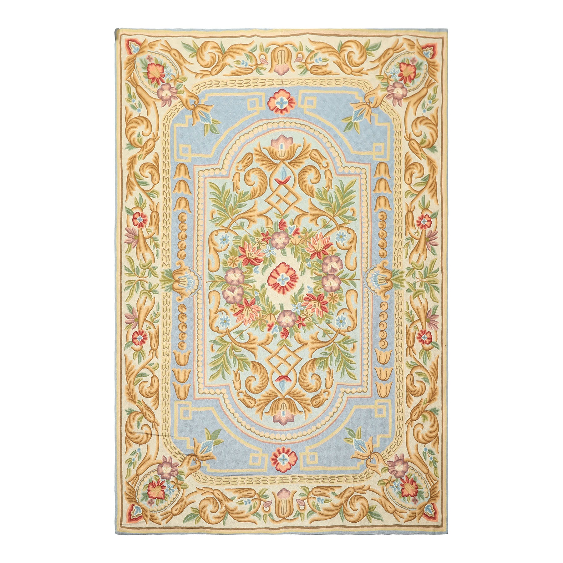 6x9 Aqua, Blue, Ivory Color Hand Woven Chainstitch Wool Traditional Oriental Rug