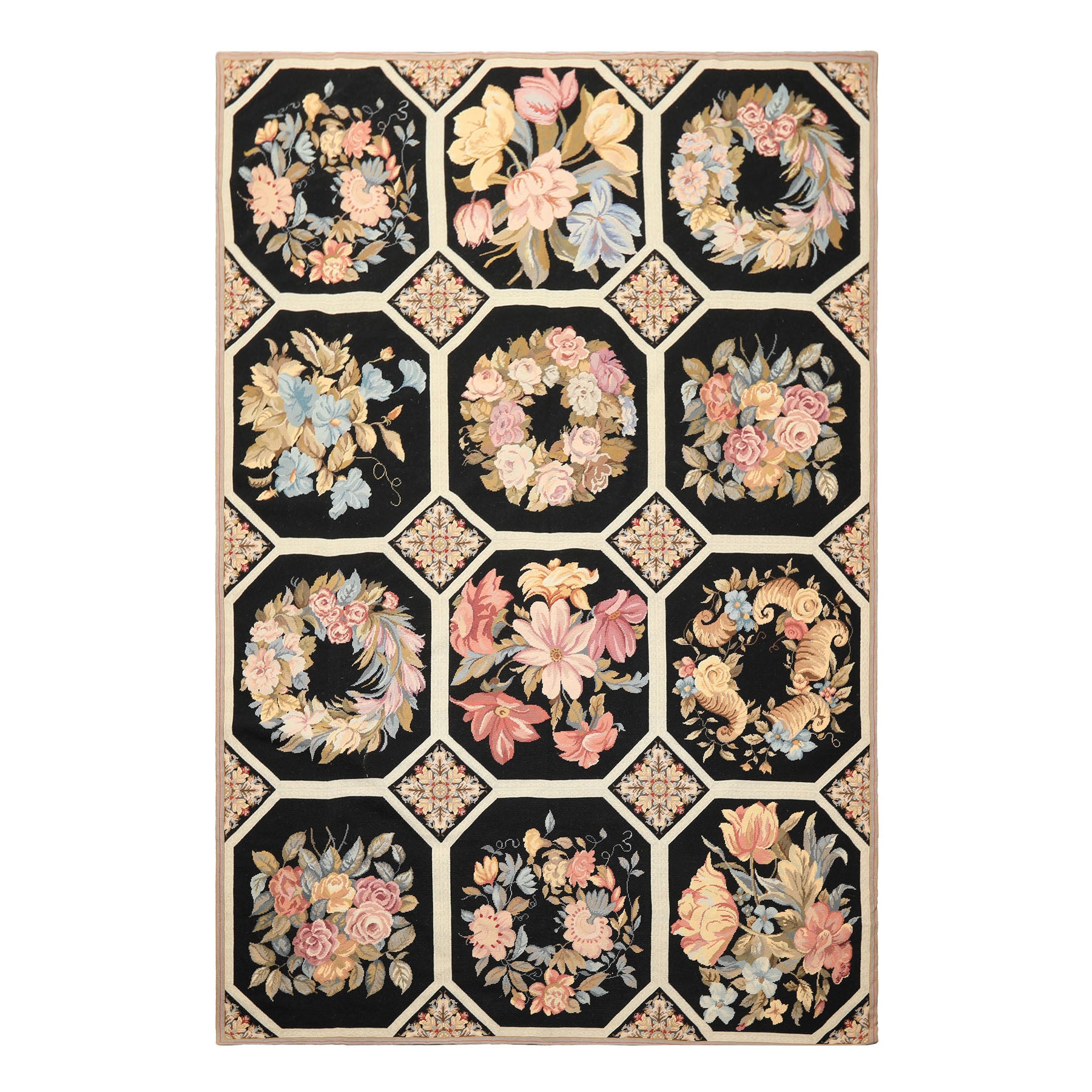6x9 Black, Ivory, Rose Color Hand Woven French Aubusson Needlepoint Wool Traditional Oriental Rug
