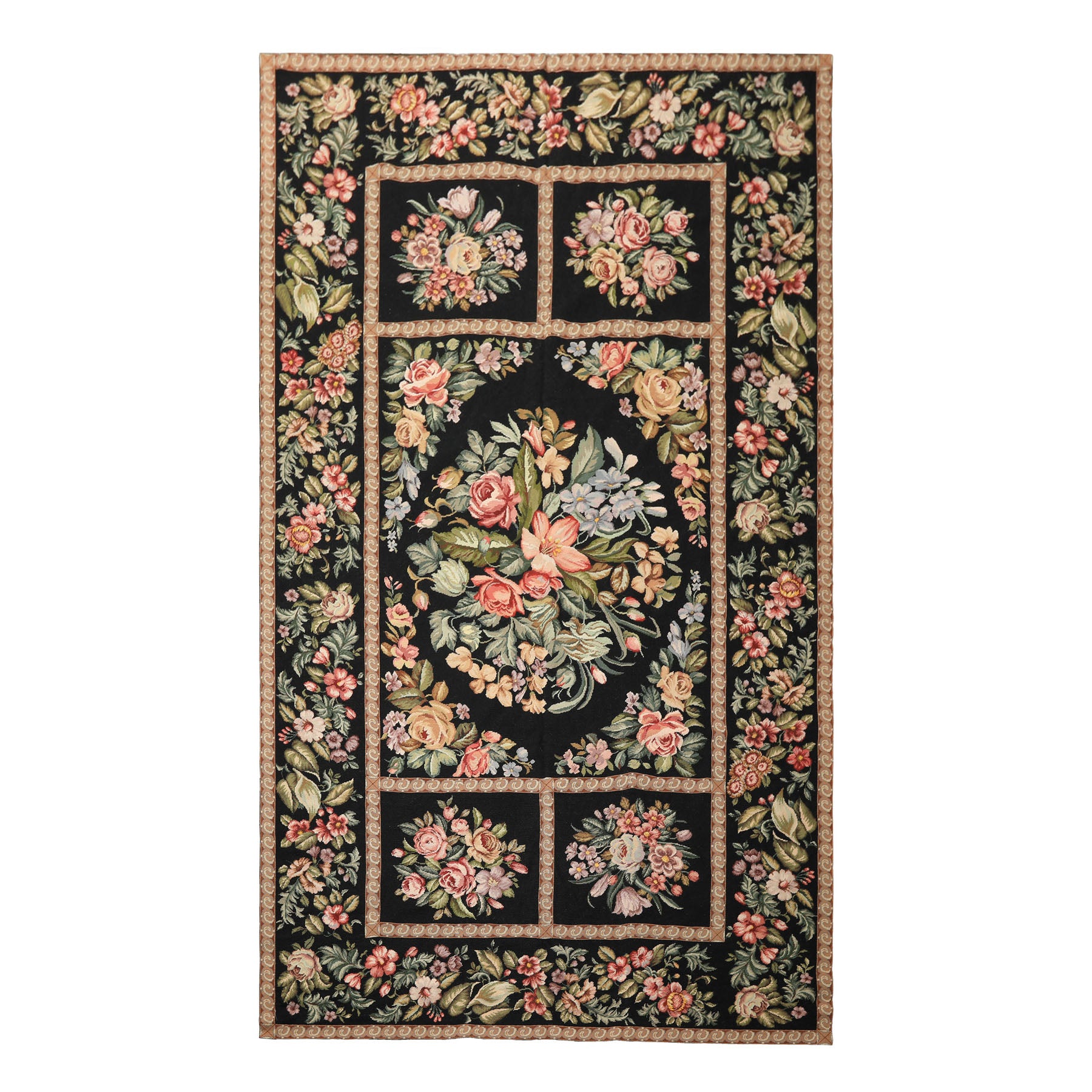 Runner Black, Tan, Green Color Hand Woven French Aubusson Needlepoint Wool Traditional Oriental Rug