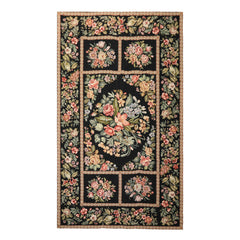 Runner Black, Tan, Green Color Hand Woven French Aubusson Needlepoint Wool Traditional Oriental Rug