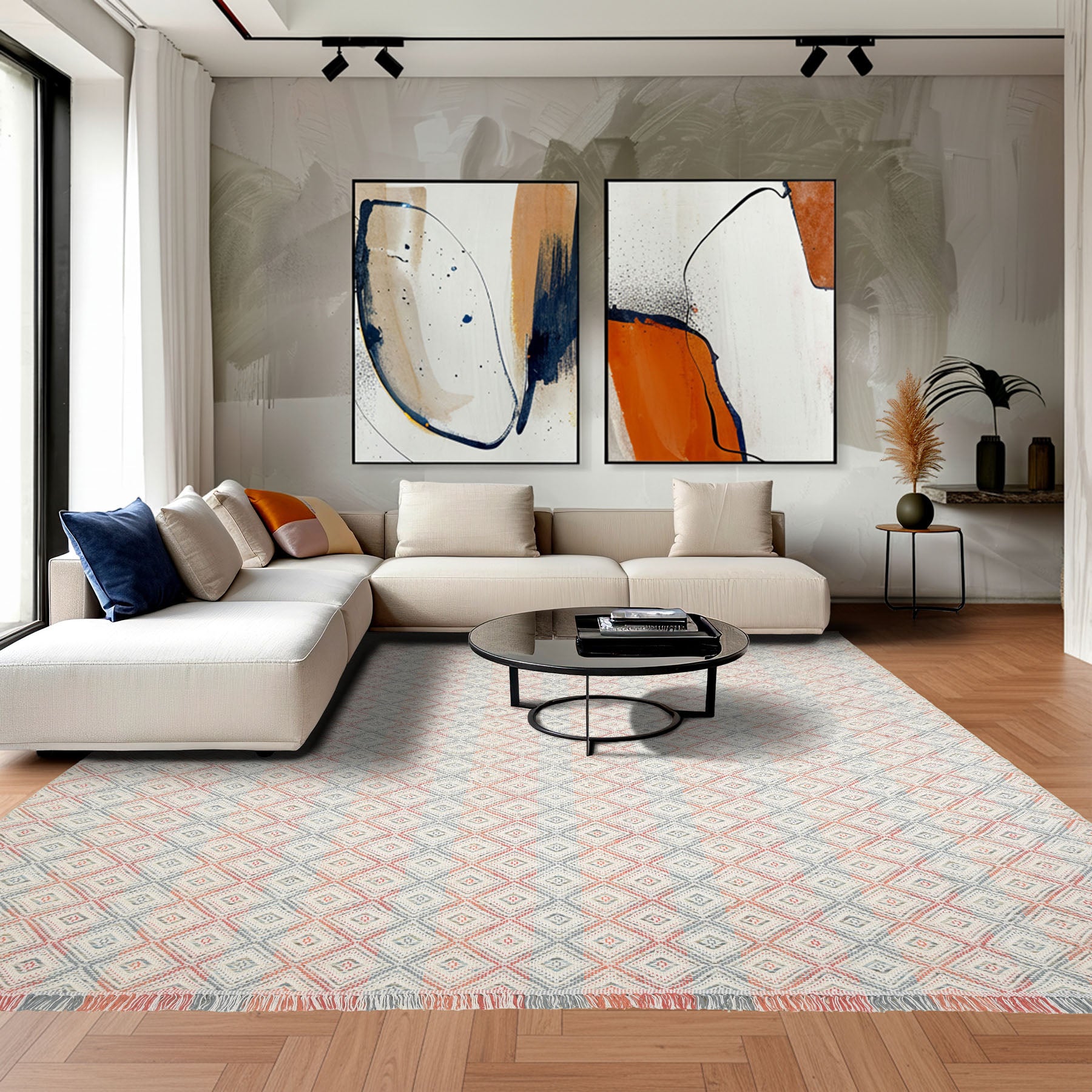 Multi Size White Coral Slate grey Color Hand Woven Wool Modern & Contemporary Oriental Rug
