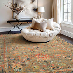 6x8'3 Moss, Burnt Orange, Gold Color Hand Knotted Oushak Wool Arts & Crafts Oriental Rug
