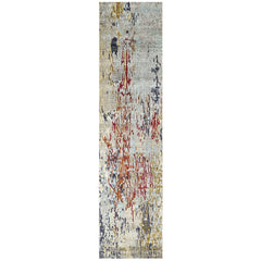 Blue, Beige 2'5''x9'8'' Tibetan Sherpa Hand Knotted Wool Oriental Area Rug