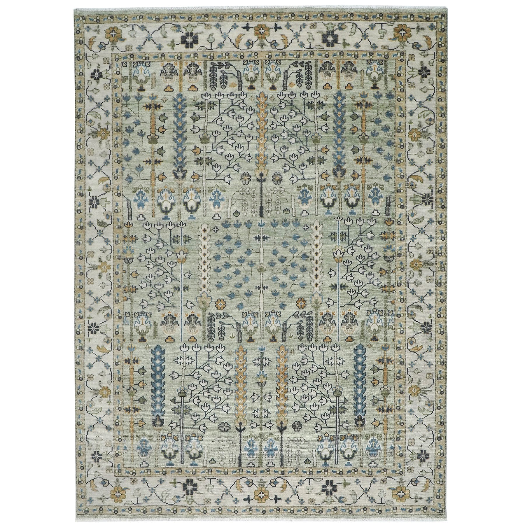 10x14 Mint, Ivory, Blue Color Hand Knotted Oushak Wool Transitional Oriental Rug