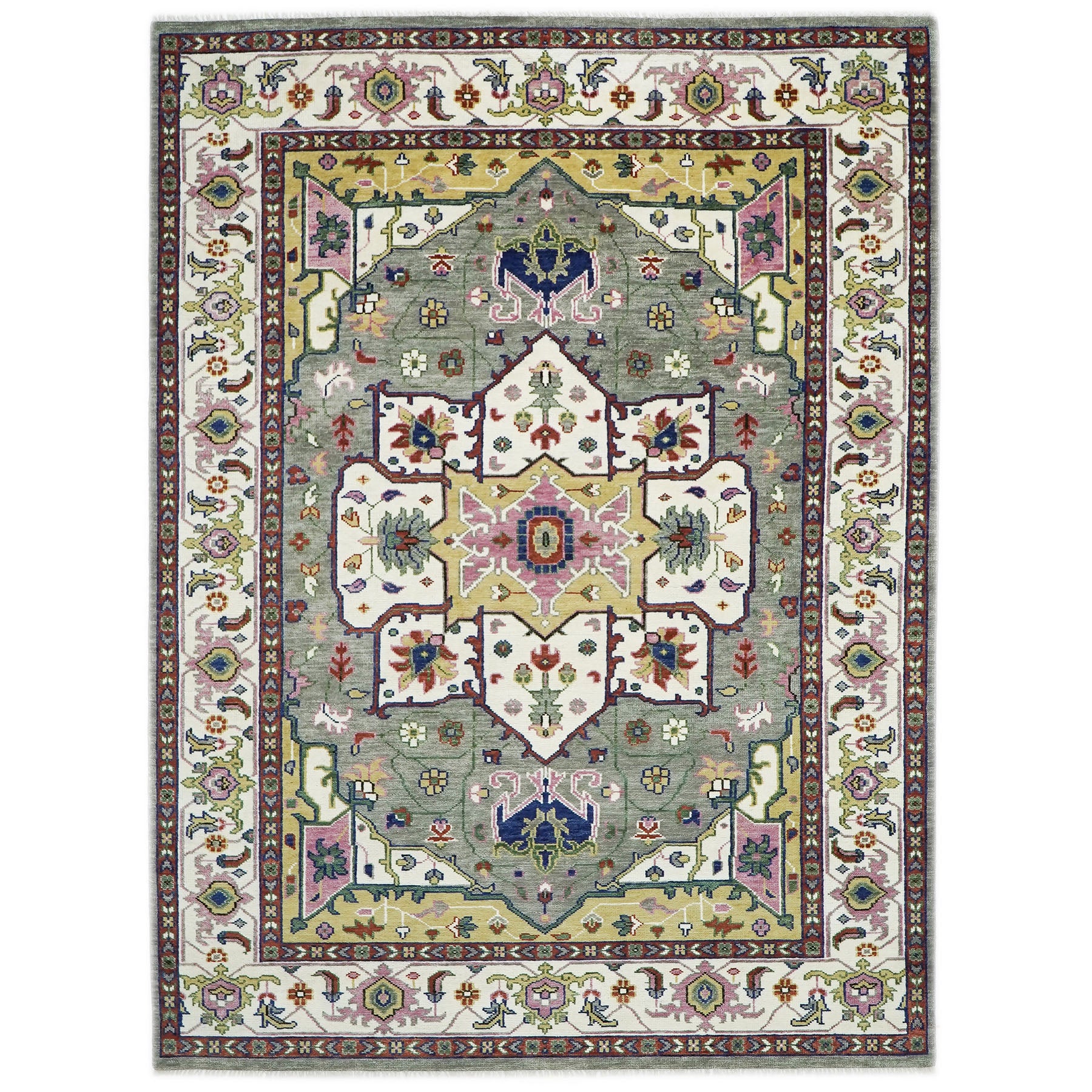 10x14 Ivory, Gray, Rust Color Hand Knotted Oushak Wool Oriental Rug