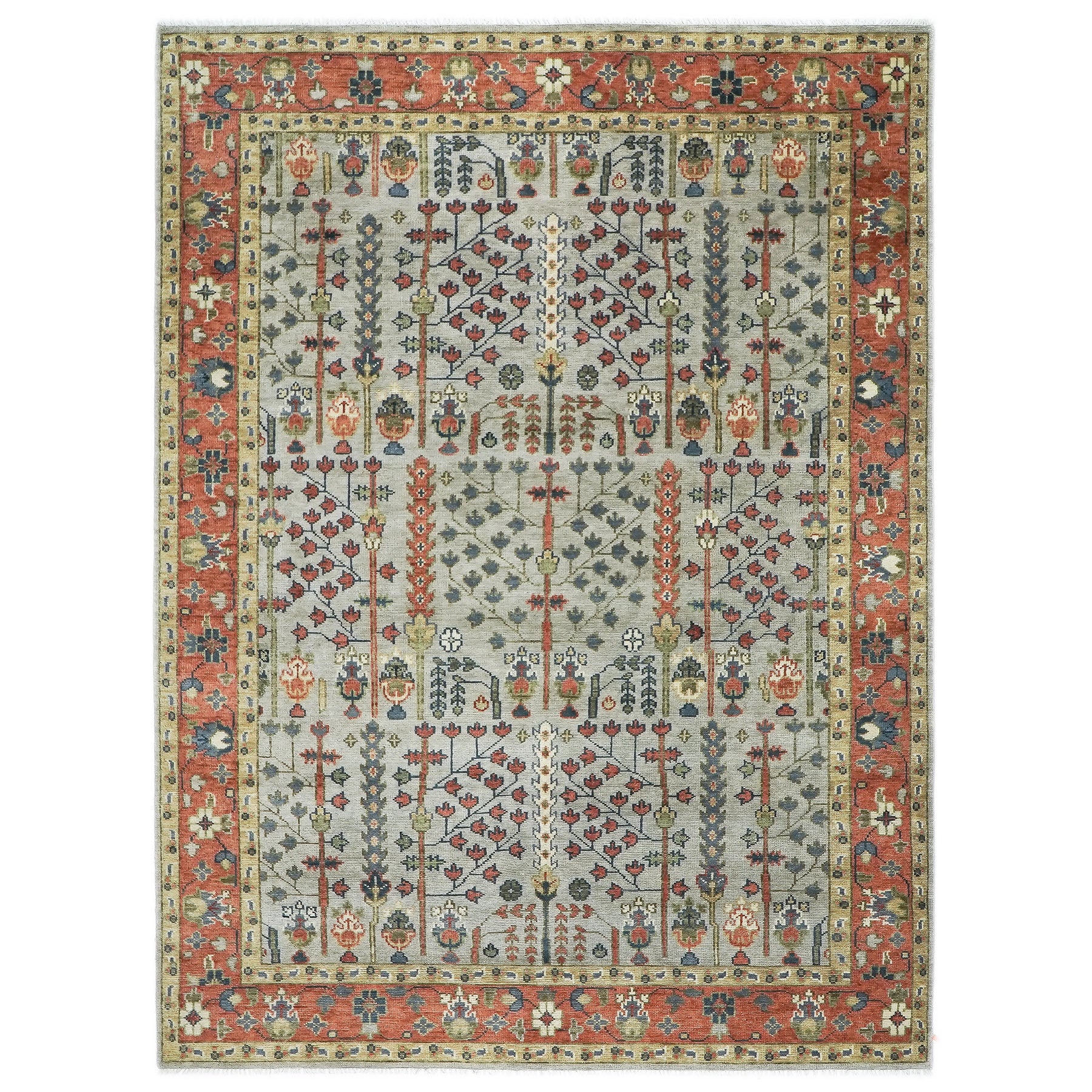 10x14 Light Blue, Burnt Orange, Lime Color Hand Knotted Oushak Wool Transitional Oriental Rug