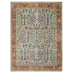 10x14 Light Blue, Burnt Orange, Lime Color Hand Knotted Oushak Wool Transitional Oriental Rug